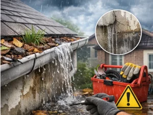 מרזב סתום בגג עם עלים ובוץ, יד עם כפפות מנקה את הפסולת עם מברג, כלי עבודה אדום לצידו.