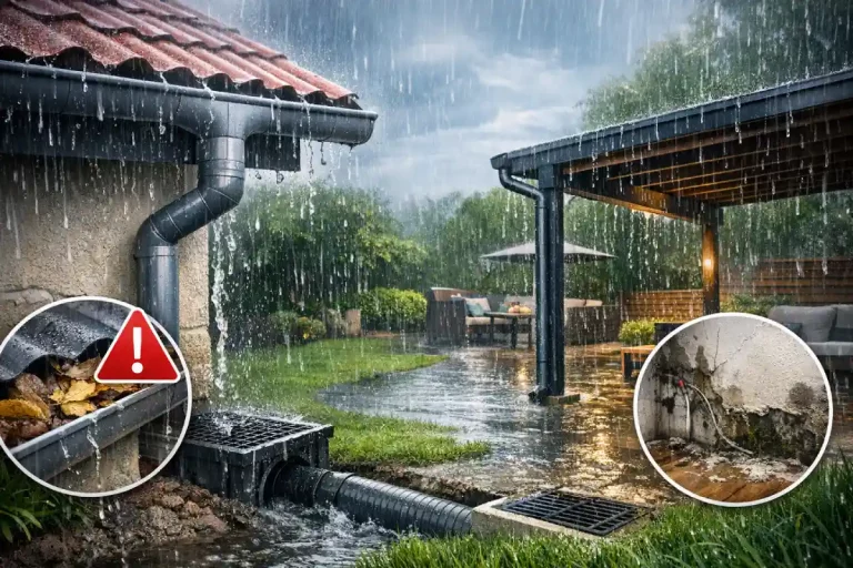 מערכת ניקוז מי גשמים עם מרזב פעיל בבית פרטי בזמן גשם חזק